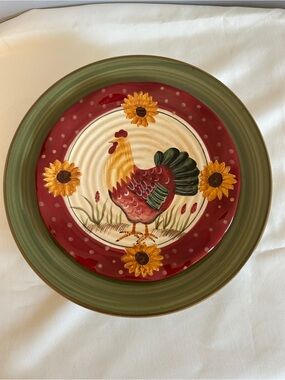 Garden Flowers Glass Art Rooster Sage Green Country